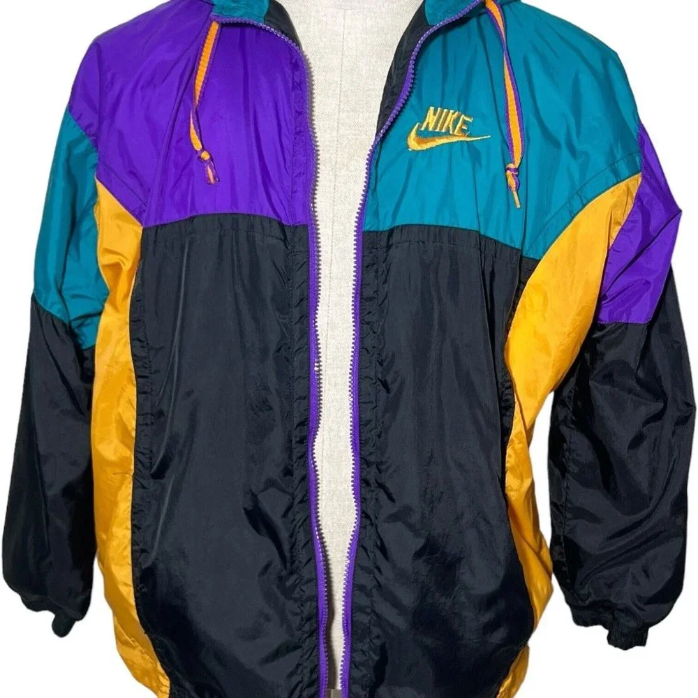 Nike Jacket Boys Large 14/16 Windbreaker Hoodie Color Block Zip Lined Hooded VTG